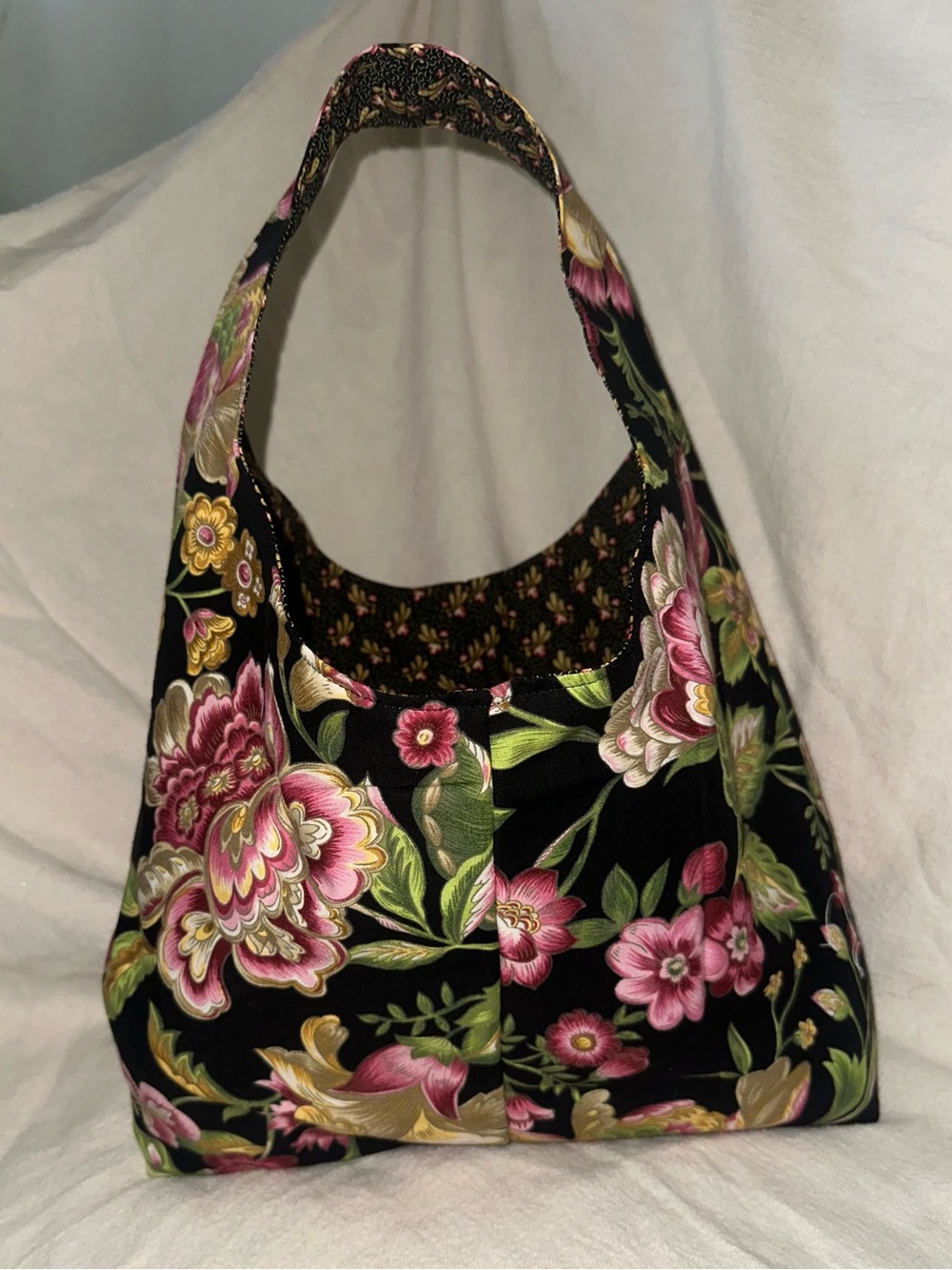 Reversable Black Floral Shoulder Bag with Pink and Green Accents